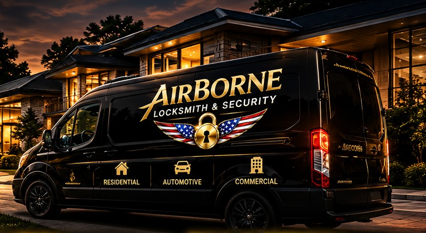 Illustration of AirBorne branded locksmith service van outside a home